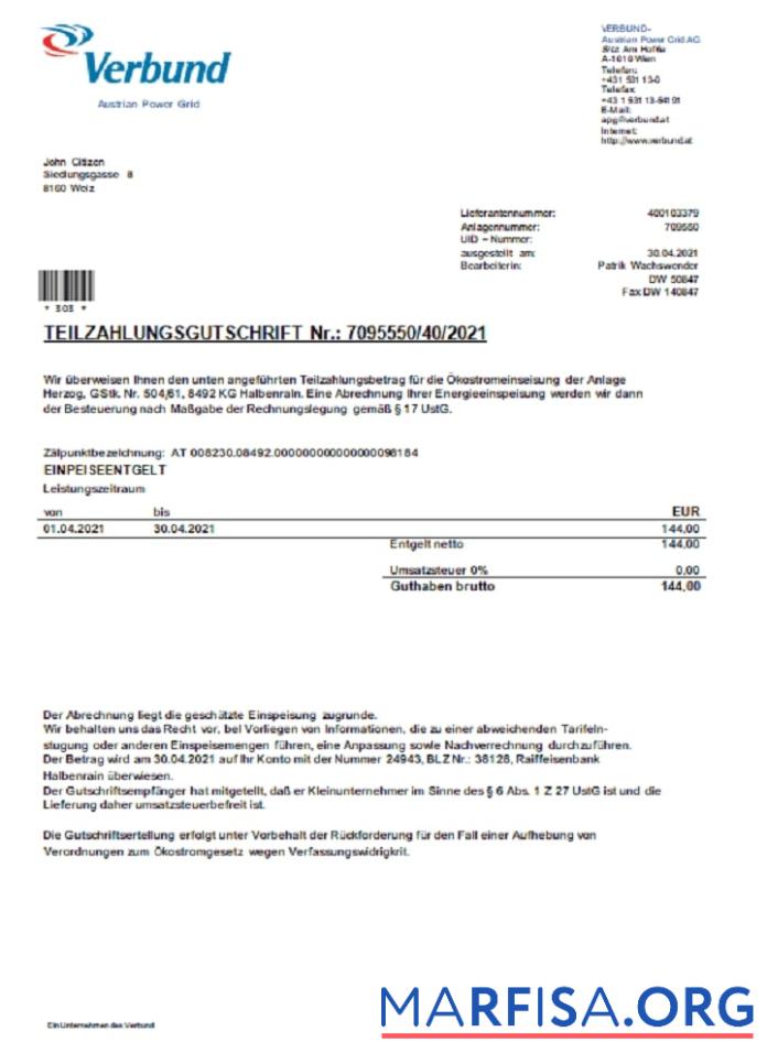 Downloadable Austria Verbund Austrian Power Grid utility bill download for verification